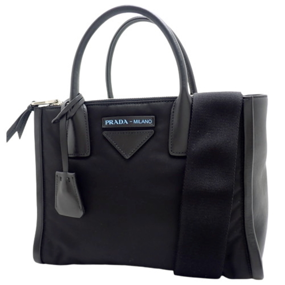 Prada Handbag 2way Shoulder Bag Tote Nylon Leather Black Silver Hardware